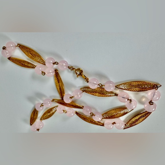 Vintage Trifari Pink Beaded & Gold-tone Trifanium Necklace - Picture 9 of 11